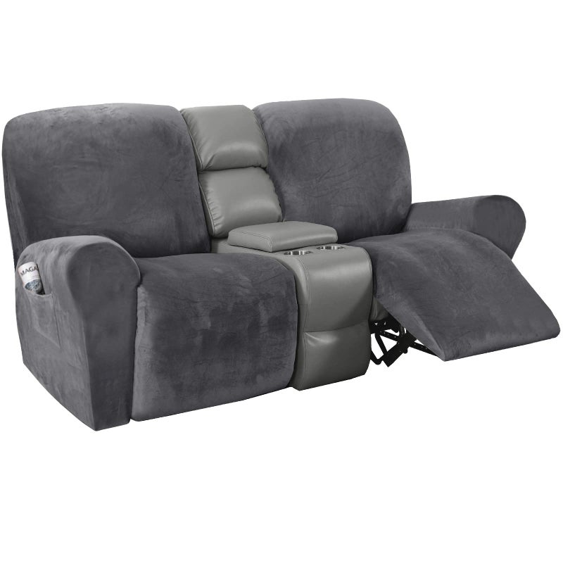 H.VERSAILTEX Velvet Stretch Recliner Couch Covers 6-Pieces Recliner Loveseat Covers for 2 Cushion Couch Recliner Sofa Covers Reclining Slipcovers Form Fitted Thick Soft Washable, Grey - Image 1